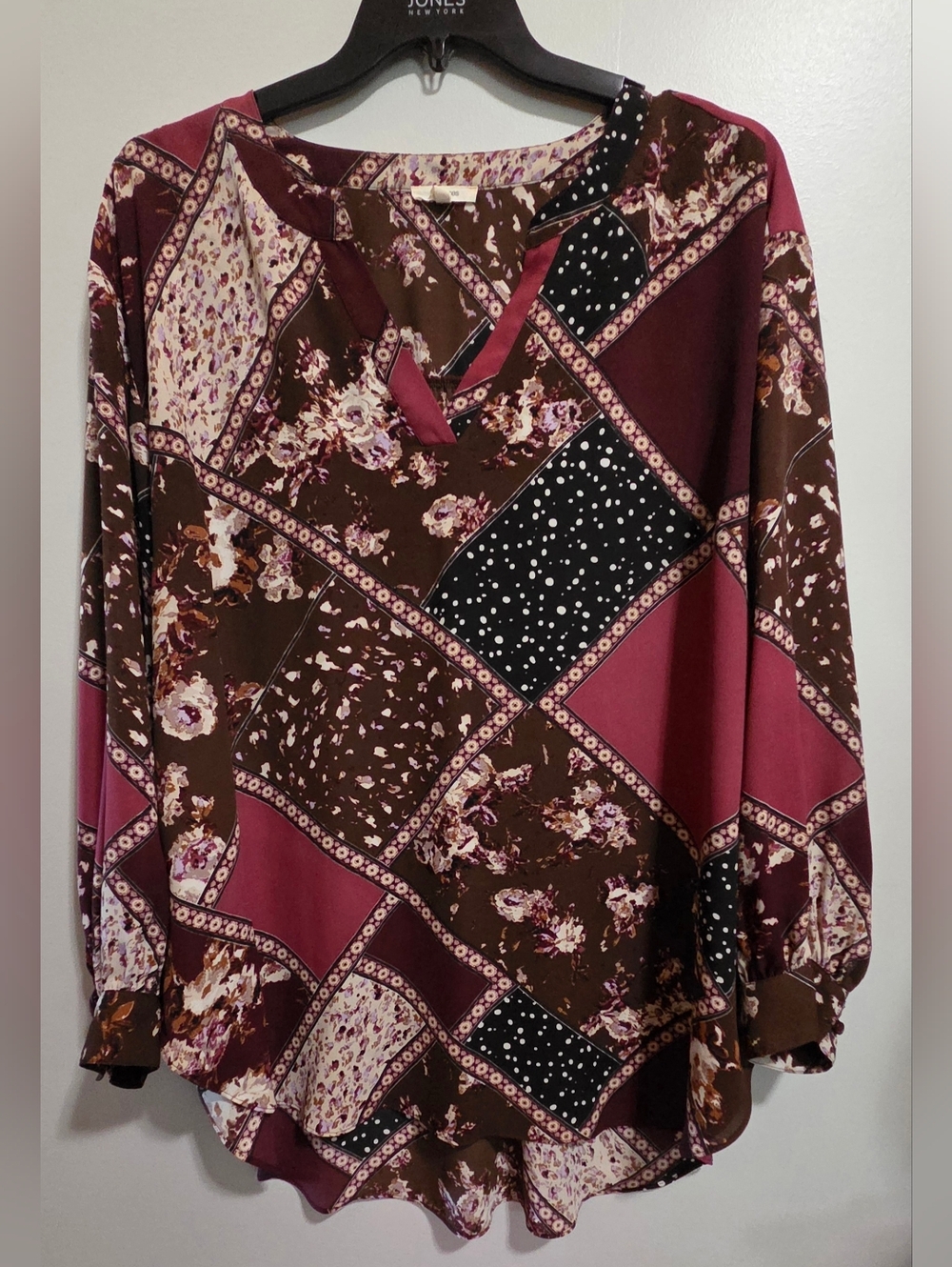 Maurices Patchwork Floral & Polka Dot Long Sleeve Tunic - Burgundy, Brown, Black